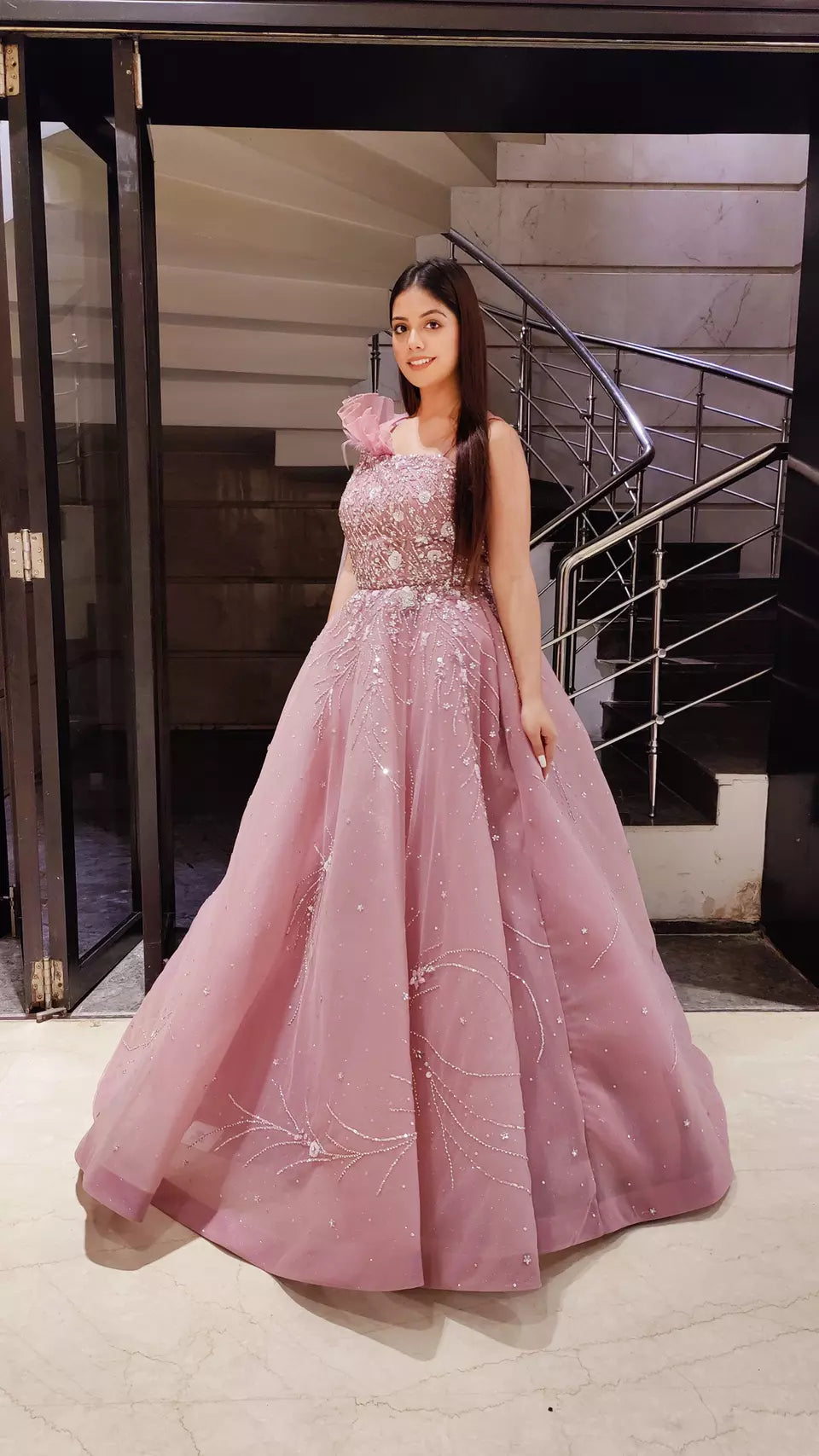 Unique Gray Lace Mixed Blushing Pink Satin Prom Dress - Lunss